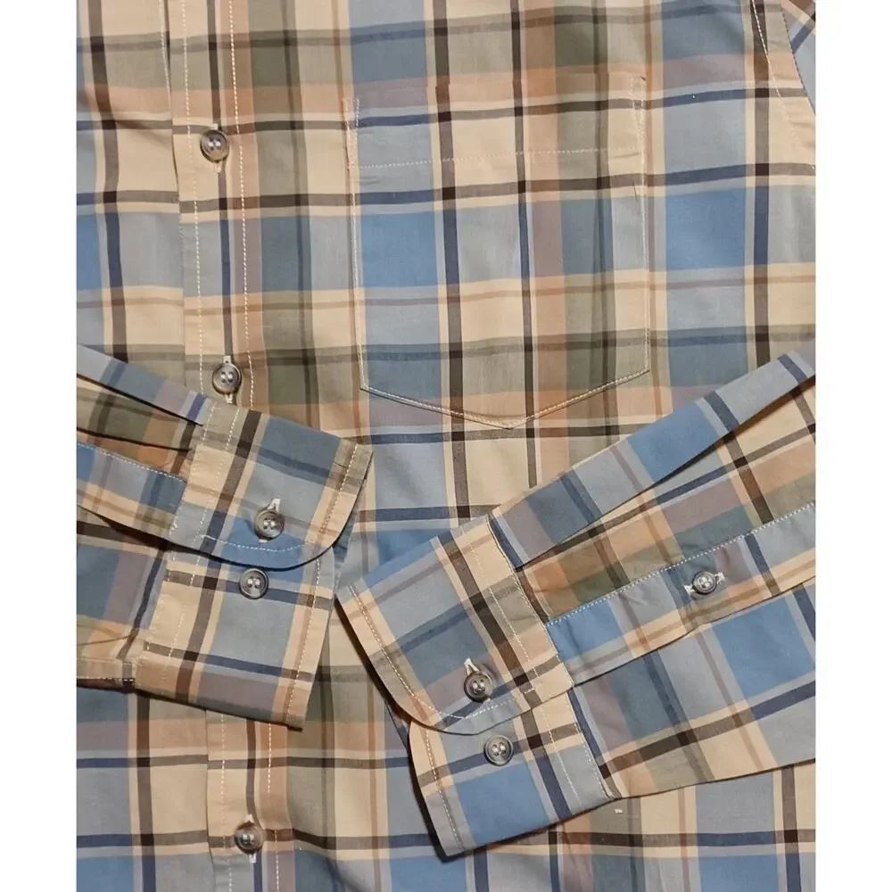 Banana Republic Untucked Fit Men's sz L Long Sleeve Shirt Brown Blue Black Plaid